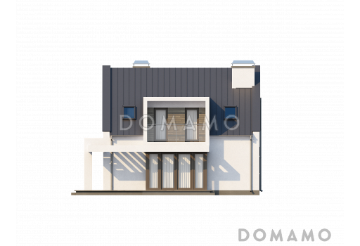 Проект просторного современного одноэтажного дома из газобетона  с мансардой, с двумя балконами в кровле и встроенным гаражом  / Фасад 3