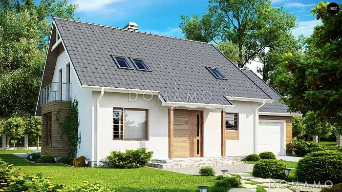 Проект одноэтажного мансардного дома из газобетона с кабинетом, гаражом и комнатой над ним