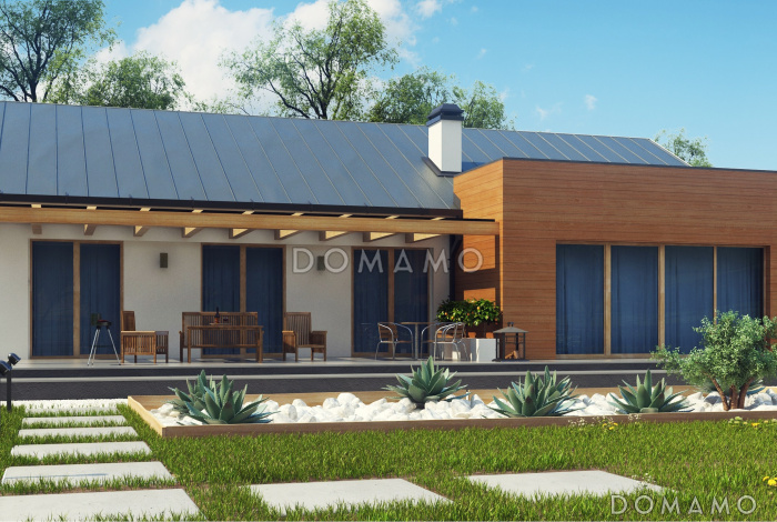 Проект просторного одноэтажного дома из газобетона с тремя спальнями и пристроенным гаражом на два автомобиля