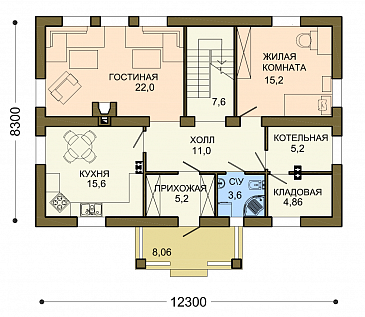 Проект уютного загородного дома из SIP панелей с ажурным крыльцом под зеленой крышей / План 1 этажа