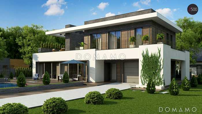 Проект современного двухэтажного дома из газобетона с панорамным остеклением и просторной террасой на втором этаже