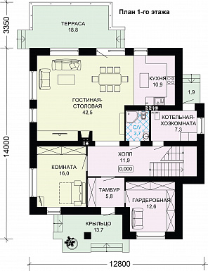 Проект двухэтажного дома из газобетона с просторной гардеробной / План 1 этажа