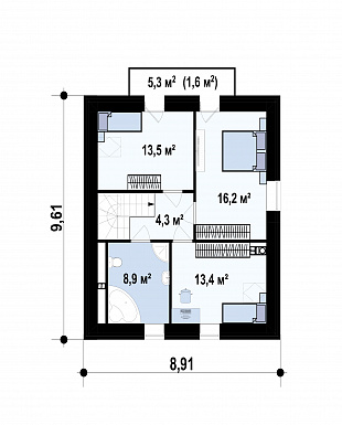 Проект дома с отделкой кирпичом, камином в гостиной, изолированной кухней, открытой террасой / План мансардного этажа