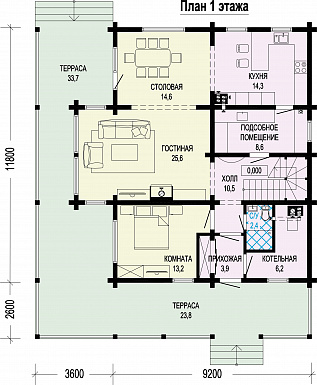 Проект двухэтажного дома из бруса с масштабной крытой террасой и бельведером / План 1 этажа