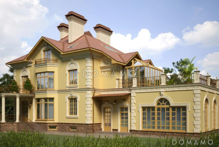 Проект двухэтажного особняка в классическом стиле, с бассейном, зимним садом и просторной террасой второго этажа 