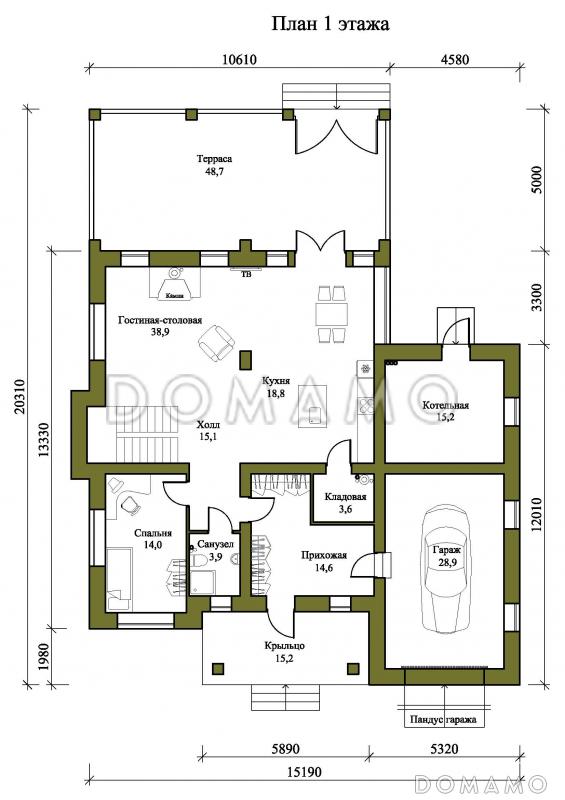 Проект двухэтажного дома с совмещенными гостиной, столовой, холлом и кухней / План 1 этажа
