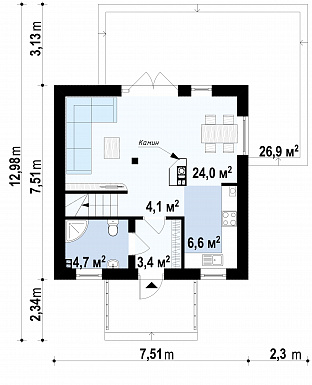 Проект компактного одноэтажного мансардного дома из кирпича с двумя спальнями для строительства на небольшом участке / План 1 этажа