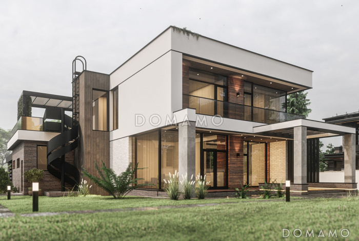 Проект современного двухэтажного дома из газобетона с сауной и балконом