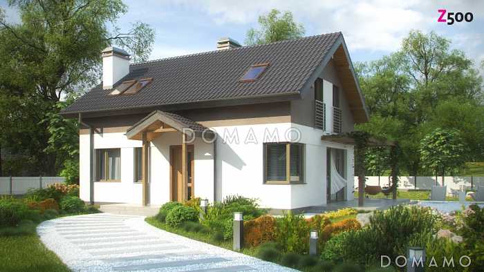 Проект одноэтажного мансардного дома из газобетона с угловым окном в кухонной зоне и кабинетом