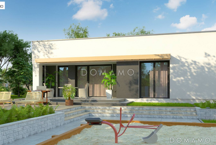 Проект одноэтажного дома с плоской крышей, террасой,  тремя спальнями