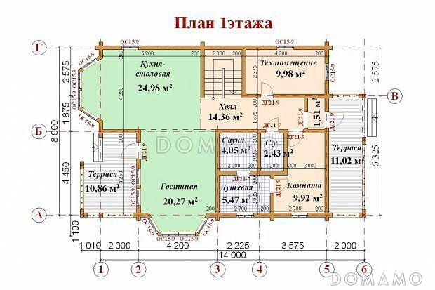 Проект дома из клееного бруса с мансардными окнами / План 1 этажа