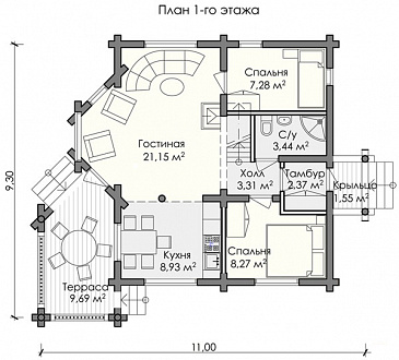 Проект маленького уютного домика, предназначенный как для постоянного проживания так и для отдыха / План 1 этажа