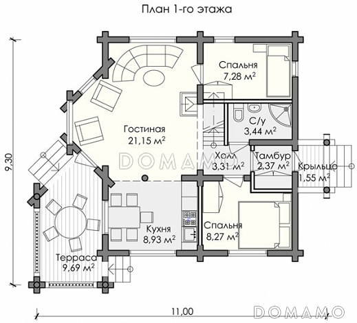 Проект маленького уютного домика, предназначенный как для постоянного проживания так и для отдыха / План 1 этажа