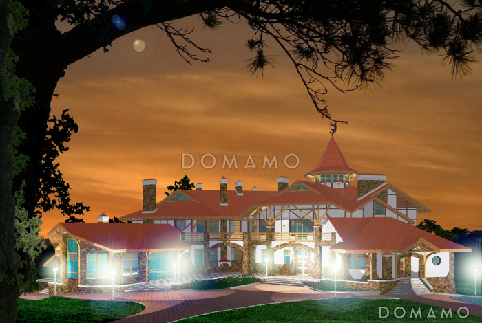 Проект коттеджа с угловой планировкой и бассейном