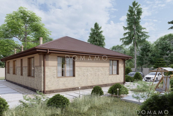 Проект уютного дома с мастер-спальней, большой гостиной и просторной гардеробной