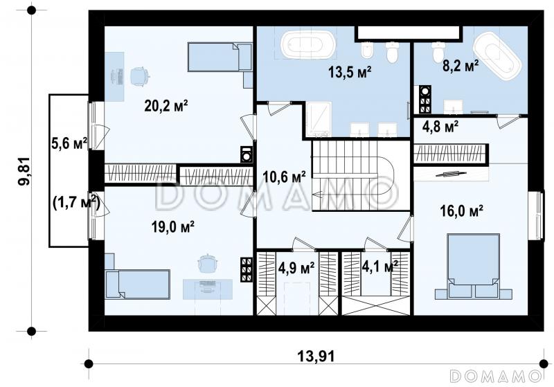 Проект одноэтажного мансардного дома из газобетона простой формы с кабинетом и встроенным гаражом / План мансардного этажа