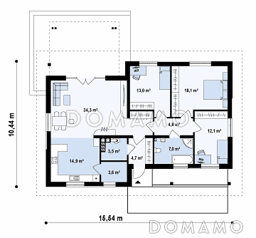 Проект практичного одноэтажного дома из газобетона с двумя частично крытыми террасами / План 1 этажа