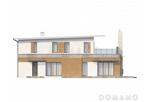 Проект современного двухэтажного дома из кирпича с плоской крышей,  с четырьмя спальнями, просторным кабинетом и гаражом / Фасад 3