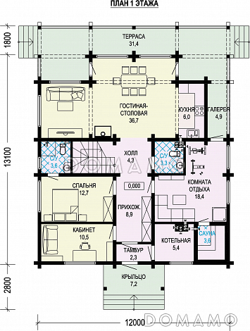Проект дома из бруса с 4 спальнями, кабинетом и сауной / План 1 этажа