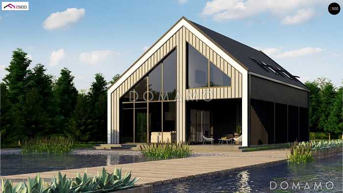 Проект современного одноэтажного мансардного коттеджа из газобетона с большой площадью остекления, вторым светом и навесом для двух автомобилей