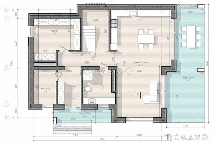 Проект дома с панорамным остеклением на обоих этажах, с 4 спальнями и крытой террасой / План 1 этажа