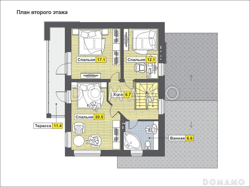 Загородный дом из СИП панелей с кухней-столовой, сауной, спальней на первом этаже, террасой / План мансардного этажа
