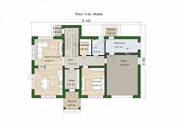 Проект двухэтажного дома из газобетона с 5 спальнями, сауной и гаражом на 1 машину / План 1 этажа