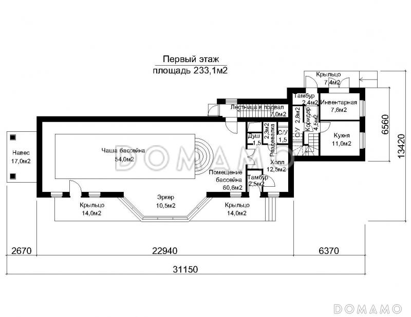 Проект помещения бассейна с помещением для персонала / План 1 этажа