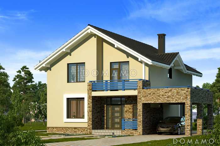 Проект загородного дома с каменного облицовкой крыльца и панорамными окнами гостиной