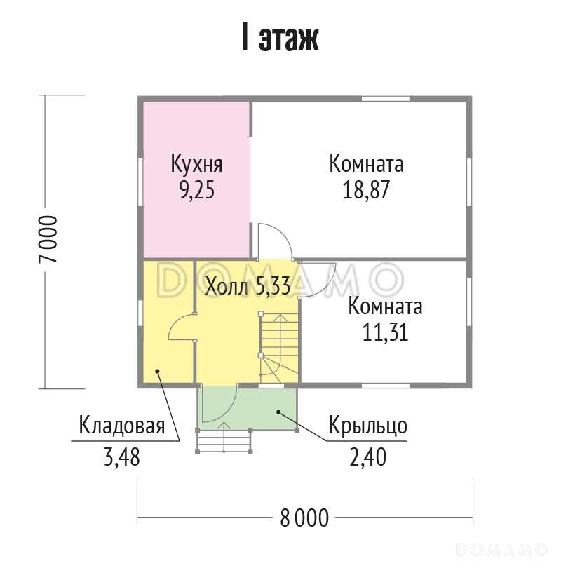 Проект простого каркасного дома без санузла 7х8 / План 1 этажа