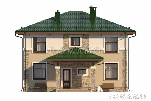 Проект двухцветного коттеджа с двумя гардеробными и большим крыльцом / Фасад 1