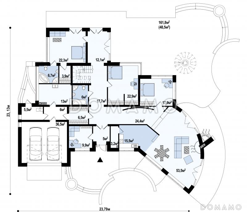 Проект красивого просторного мансардного коттеджа из кирпича с террасой на втором уровне / План 1 этажа
