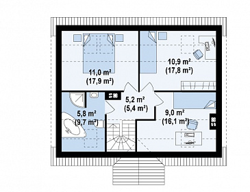 Проект одноэтажного мансардного дома из газобетона с камином в центральной части дома / План мансардного этажа