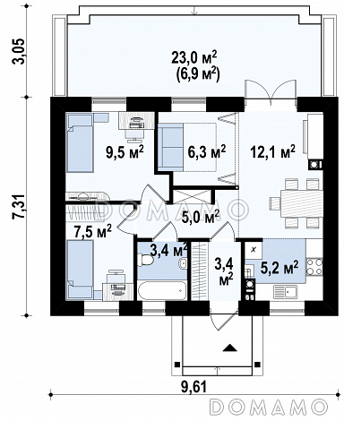 Проект компактного одноэтажного дома из кирпича с большой открытой террасой / План 1 этажа