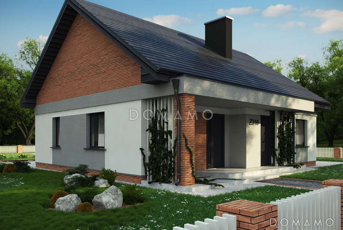 Проект простого уютного одноэтажного дома из кирпича с двумя спальнями и возможностью обустройства мансарды