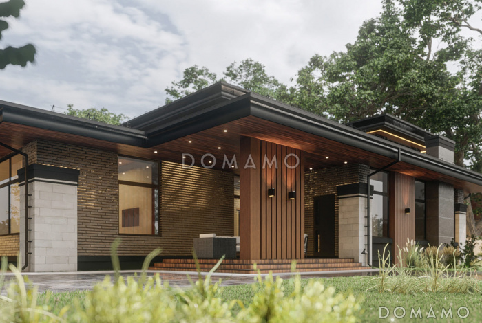 Проект современного дома с большой гостиной, кабинетом и мастер-спальней на первом этаже