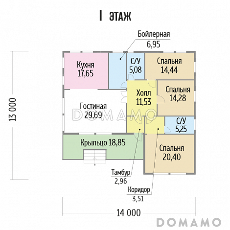Проект одноэтажного дома из клееного бруса с тремя спальнями / План 1 этажа