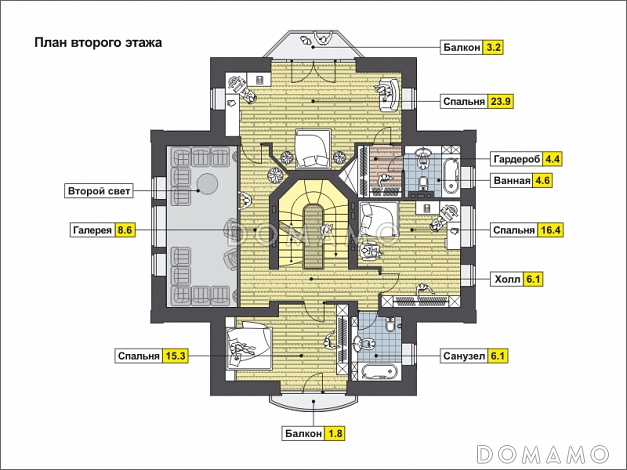 Проект дома с эркером, цокольным этажом с окнами, бассейном и сауной, вторым светом, спальней с балконом / План 2 этажа