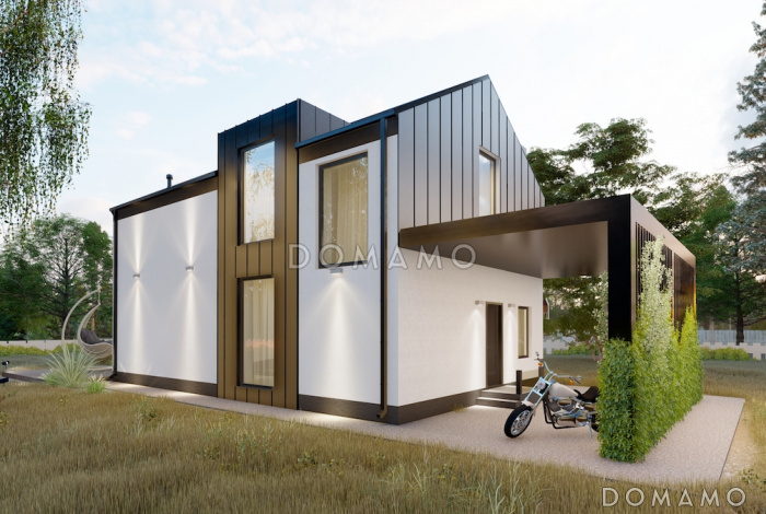 Проект двухэтажного дома из газобетона в стиле барнхаус с навесом для автомобиля и вторым светом