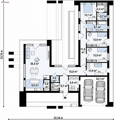 Проект современного одноэтажного дома из кирпича с плоской крышей, с четырьмя комнатами и двухместным гаражом / План 1 этажа