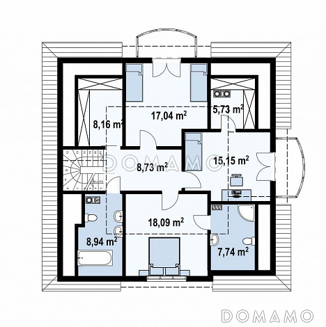 Проект одноэтажного мансардного дома для каркасного строительства с двумя балконами и барбекю на террасой / План мансардного этажа