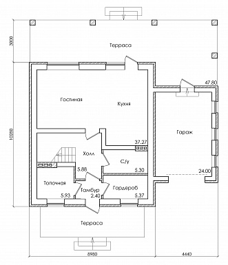 Проект коттеджа с мансардным этажом, гаражом и большой террасой / План 1 этажа