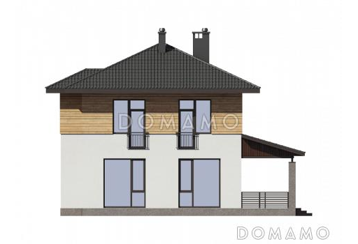 Проект двухэтажного дома из газобетона с пятью комнатами и крытой террасой / Фасад 3