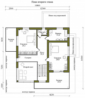 Проект двухэтажного газобетонного дома в стиле хай-тек с масштабным остеклением, вторым светом и спортзалом / План 2 этажа