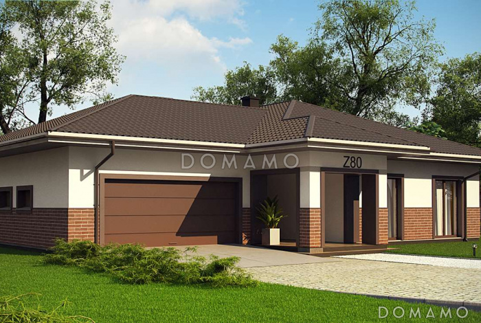 Проект просторного одноэтажного дома из кирпича с тремя спальнями, большой гостиной-столовой и гаражом на два автомобиля