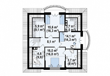 Проект одноэтажного мансардного дома из кирпича с кирпичной облицовкой с двумя балконами и барбекю на террасе / План мансардного этажа