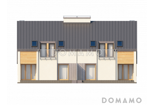 Проект мансардных домов-близнецов из кирпича с гаражом, тремя спальнями и красивым слуховым окном и балконом / Фасад 2