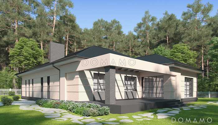 Проект одноэтажного дома с широкой террасой, кухней-столовой, гаражом