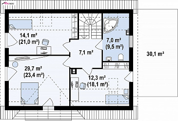 Проект одноэтажного дома с мансардным этажом из кирпича с кабинетом, гаражом и террасой над ним / План мансардного этажа