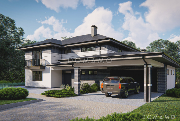 Проект загородного двухэтажного дома с гаражом и навесом, гостиной с эркером, большой прихожей